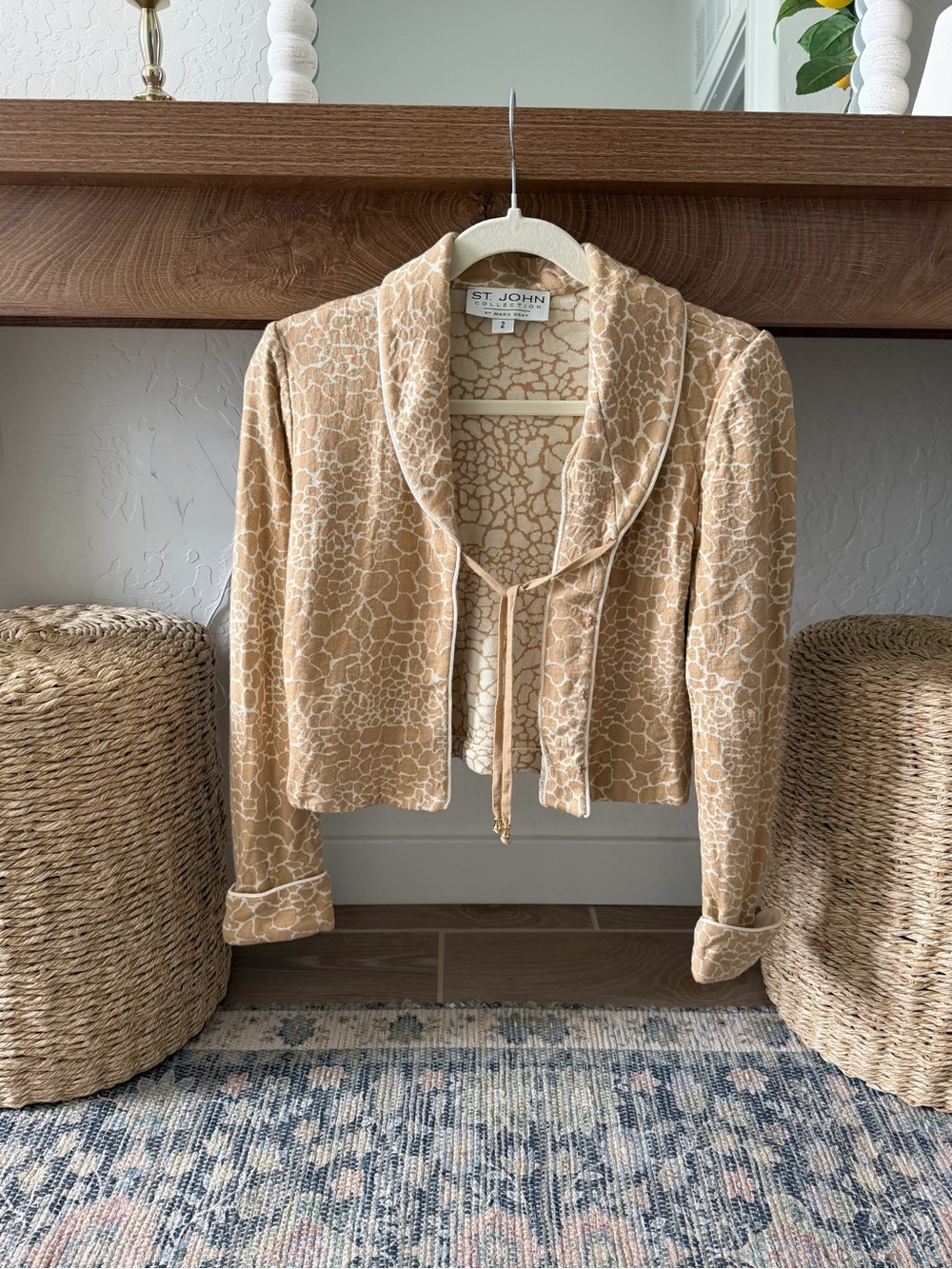 St. John Beige & Cream Patterned Tie-Front Skirt suit